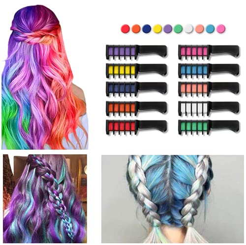 Foto von 10 Farben Haarkreide Kamm, Temporär Haarfarbe Kreide Kamm Auswaschbar mit Handschuhe und Schal für Geschenk DIY Cosplay für Karneval Weihnachten Halloween Geburtstag Partys