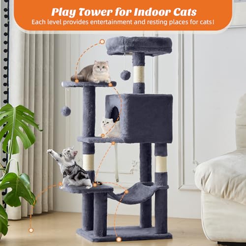 Image of Sweetcrispy 44 Inch Cat Tree Tower, Cat Climbing Tower with Natural Sisal Scratching Posts, Hammock, Pet Condo for Indoor Cats and Kittens Play, Dark Grey