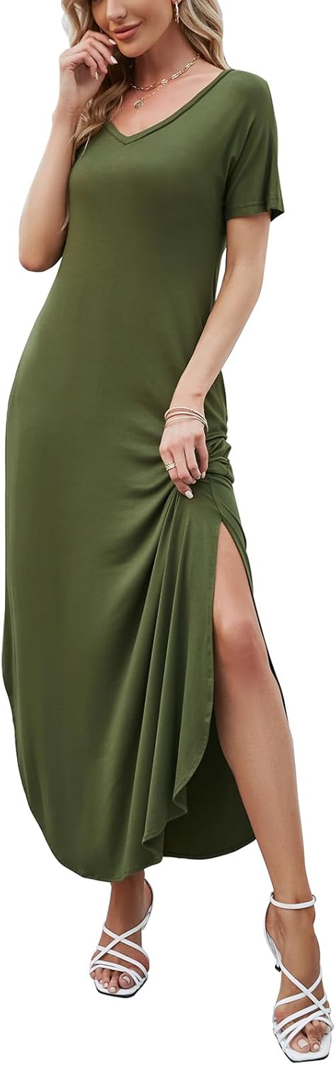 HUSKARY Women's Summer Maxi Dress Casual Loose Pockets Long Dress Short Sleeve Split Maxi Dresses - Image 5