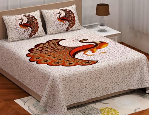 Image of Rajasthani Jaipuri Traditional Sanganeri Peacock Print 144 TC 100% Pure Cotton Double Size Bedsheet with 2 Pillow Covers (Multicolor)