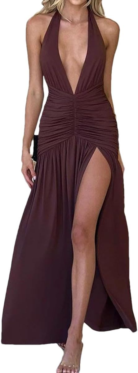 Women Deep V Neck Backless Maxi Dress Solid Sleeveless Thigh High Split Long Dress