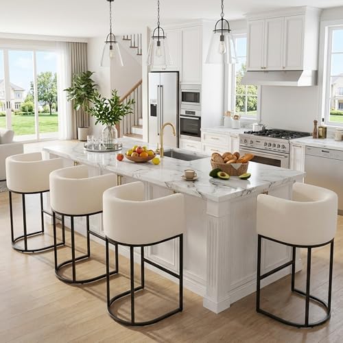 Image of HNY Cream Modern Barrel Counter Height Clearance Bar Stools Set of 4, 32 Inch Linen Kitchen Barstools with Back for Island, with Black Metal Tubular Frame