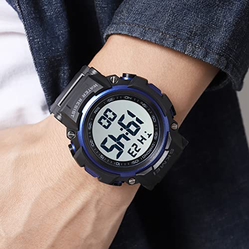 Xczap Mens Sports Military Classic Stopwatch Large Dial Electronic Led Backlight Wristwatch 50M Waterproof Digital Watch For Men (Blue White) #TOP5