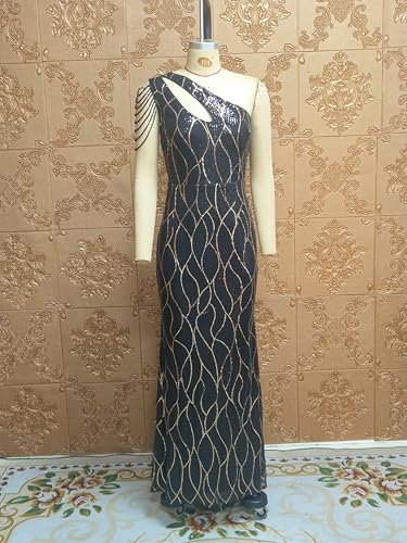 Image of Cololura Women Sequin Elegant Sexy One Shoulder Tassel Mermaid Bodycon Cocktail Evening Dress