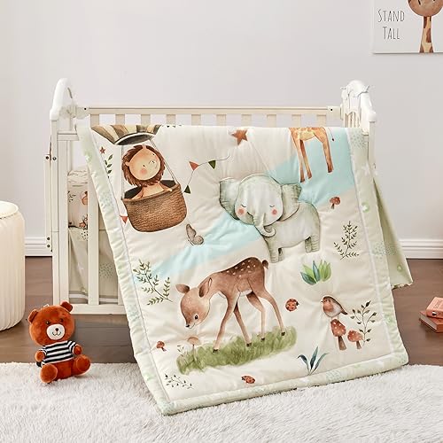 Image of beeweed 4-Piece Crib Bedding Set, Baby Bedding Set Including Blanket, Crib Skirt, Crib Sheet & Diaper Stacker