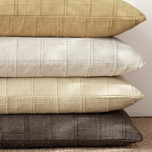Image of Foindtower Set of 1 Decorative Linen Check Throw Pillow Cover Neutral Farmhouse Vintage Cushion Cover Modern Boho Accent Home Decor for Sofa Chair Couch Bedroom Living Room,20x20 Inch,Light Yellow