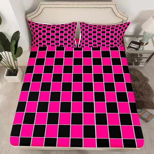 Image of Erosebridal Hot Pink Black Grids Bedding Set Queen Geometric Checkered Bed Sheets Aesthetics Plaid Gingham Sheet Set Kids Boys Girls,Soft Lightweight Fitted Top Sheets 4 Piece