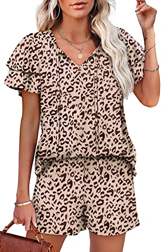 Image of WIHOLL Summer Outfits for Women 2 Piece Short Sleeve V Neck Lounge Sets Casual