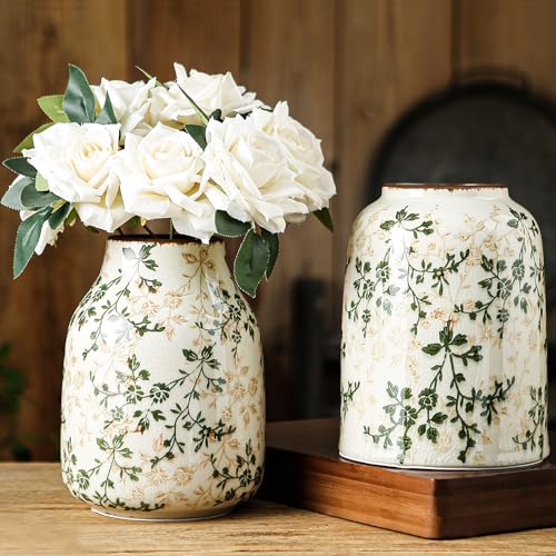 Sure Yuesi Green And Beige Vintage Vase, Chinoiserie Floral Vase, Rustic Ceramic Large Vases For Home Decor, Living Room, Bookshelf, Office, Grand Millennial Decor, Chinoiserie Decor, Tuscan Decor 7.8 Inch thumb #5
