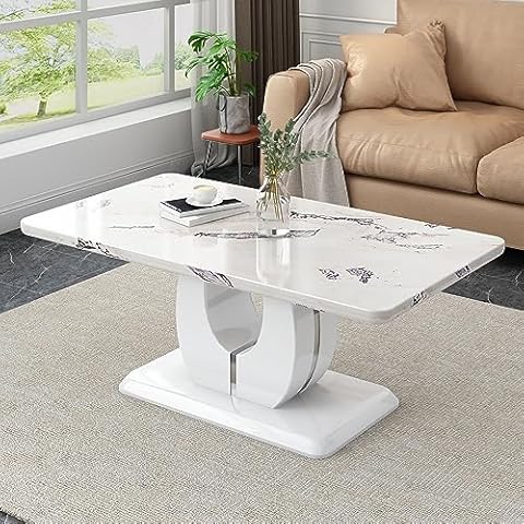 Ganooly Modern Marble Coffee Table for Living Room, 47 Inch Unique Rectangle Cocktail Tables for Home Office Reception Waiting Area, Yellowish-White Marble-Looking Tabletop & White Base Cover