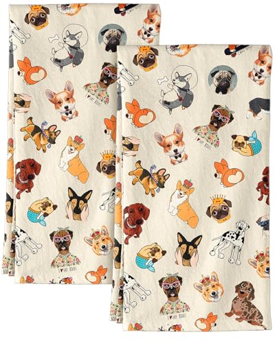 Image of Miss Adola 150GSM Flour Sack Kitchen Towels Set of 2, Dog Lovers | 18 inchx26 inch, Lightweight, Lint-Free, Pure Cotton, Decorative, with Hanging Loop, Absorbent, Softer after Wash, Giftable Package