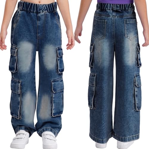 JEYPINMI Youth Girls Wide Leg Baggy Trousers Boyfriend Denim Pants with Pockets High Waist Cargo Jeans