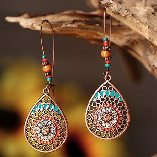 Bohemian Turquoise Earrings Ethnic Tibetan Engraved Flower Pattern Round Geometric Dangle Drop Statement Earrings for Women Handmade Trendy Boho Vintage Jewelry (Teardrop Turquoise)4
