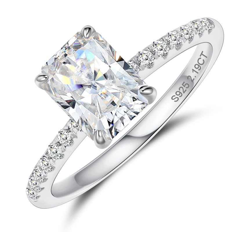 Moissanite Rings for Women Radiant Cut Engagement Rings D Color VVS1 18K White Gold Plated Sterling Silver Radiant Cut Wedding Band 1.5 Carat