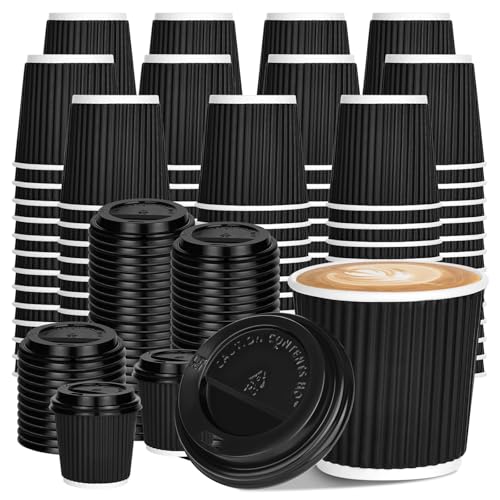 100 4oz Disposable Espresso Cups with Lids Ripple Corrugated Paper Disposable Coffee Cups Cups for Hot Chocolate Tea and Cocoa Drinks (Black)