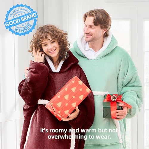 JOYWOO Wine Red Wearable Blanket Hoodie,Oversized Cat Lovers Sweatshirt Blanket for Adult & Teens,Birthday Gifts for Women Men Mom Girl Boys,Cozy Sherpa Blanket Giant Pocket Gifts,Burgundy Small