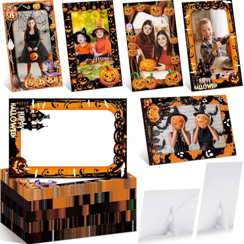 Image of AmazingSpark 50 Pack Halloween Pumpkin Picture Frame 4 x 6 Paper Photo Ornament Bulk Pumpkin Cardboard Photo Gifts for Halloween Friendsgiving Decorations Birthday Party Favor Supplies