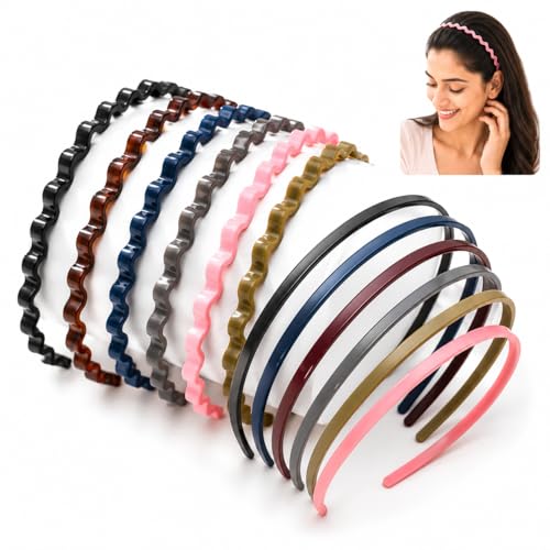 Image of 12 Pcs Hair Band Combo for Men & Women - 6 Zigzag Shark Tooth + 6 Plain Skinny Headbands | Non-Slip Sports Hair Bands for Gym, Running, Face Wash & Daily Use | Hair Hoops for Girls & Boys