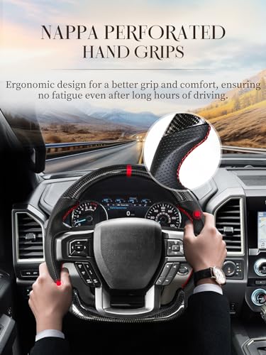 TESFEEL Carbon Fiber Steering Wheel for Ford F150 Raptor 2021-2023 D-shaped Flat-bottom Steering Wheel Preforated Leather Grip Hand-Stitched Compatible with F150&Compatible with Raptor - Image 5
