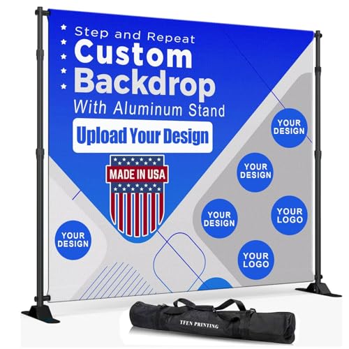 Custom Backdrop with Stand | Custom Step and Repeat -Made in USA- 8ft x 8ft Wrinkle-Free Non-Glare Fabric,with Thick Heavy Duty Aluminum Stand (Included) Personalized backdrops for Events