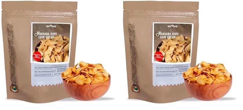 Image of Evolve Makhana Chips Healthy Snacks for Kids, Adults, Gluten Free, Low-Calorie, Weight Loss-Friendly, No Palm Oil, Vacuum Fried, Sour Cream & Onion Flavor - 100g Pack of 4