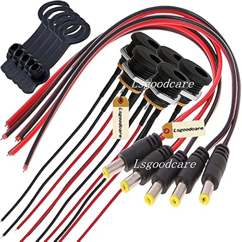 Lsgoodcare 15Pcs 5.5 x 2.1 MM DC Power Jack Socket Threaded Female Mount Connector Adapter Wire with Dustproof Plug & DC Power Pigtail Cable Male Cover