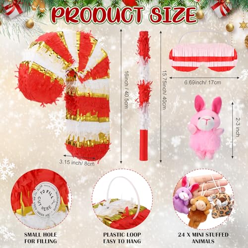 HyDren Christmas Candy Cane Pinata 16 Inch Christmas Mexican Piñata with 24 Mini Stuffed Animals Stick Confetti Blindfold Bundle for Christmas Holiday Piñata Game Birthday Party Favors - Thumbnail 2