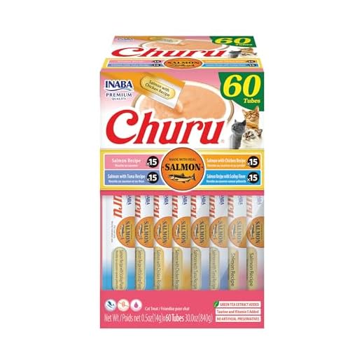 INABA Salmon Churu Cat Treats, Lickable, Squeezable Creamy Purée Cat Treat with Green Tea Extract & Taurine, 0.5 Ounces Each Tube, 60 Tubes, Salmon Variety Box