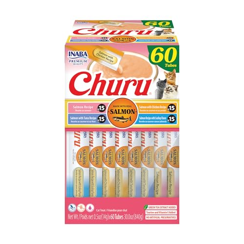 Image of INABA Salmon Churu Cat Treats, Lickable, Squeezable Creamy Puree Cat Treat with Green Tea Extract & Taurine, 0.5 Ounces Each Tube, 60 Tubes, Salmon Variety Box