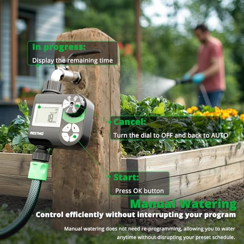 RESTMO Timer per irrigazione con ritardo della pioggia/sistema di irrigazione manuale/automatico per rubinetto esterno, irrigatore da giardino, cortile e prato