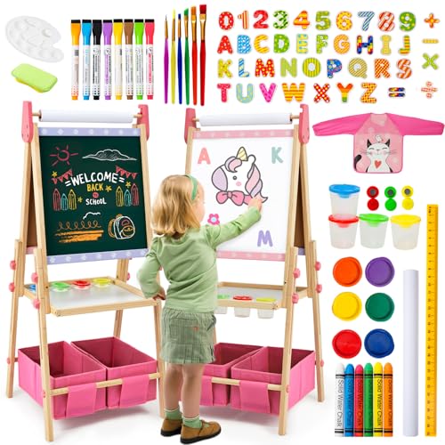 Kids Easel Including 100+ Accessories, Dual-Sided Wooden Easel fo...