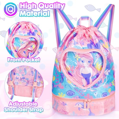 Drawstring Backpack for Kids Girls, Cute Cartoon Mermaid Waterproof Drawstring Bag String Swim Gym Sports Beach Bag with Shoes Compartment and Wet Proof Pocket2