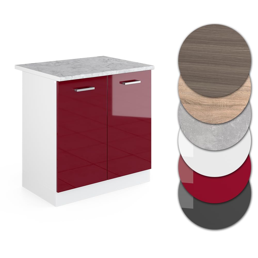 Vicco Spülenunterschrank R-Line, Rot Hochglanz, 80 cm, AP Marmor, zur freien Kombination innerhalb modularer Küchensysteme