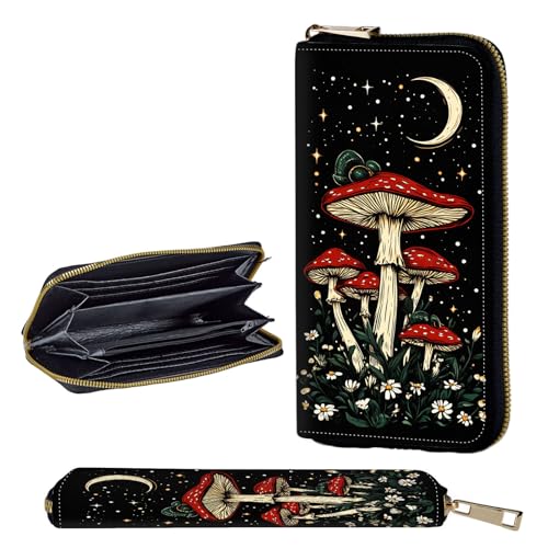 Wallet,Leather Long Wallet Suitable For Ladies And Teenagers - Detachable Wristband + RFID Travel Wallet With Card Slot - Mushrooms Under Moon Stars