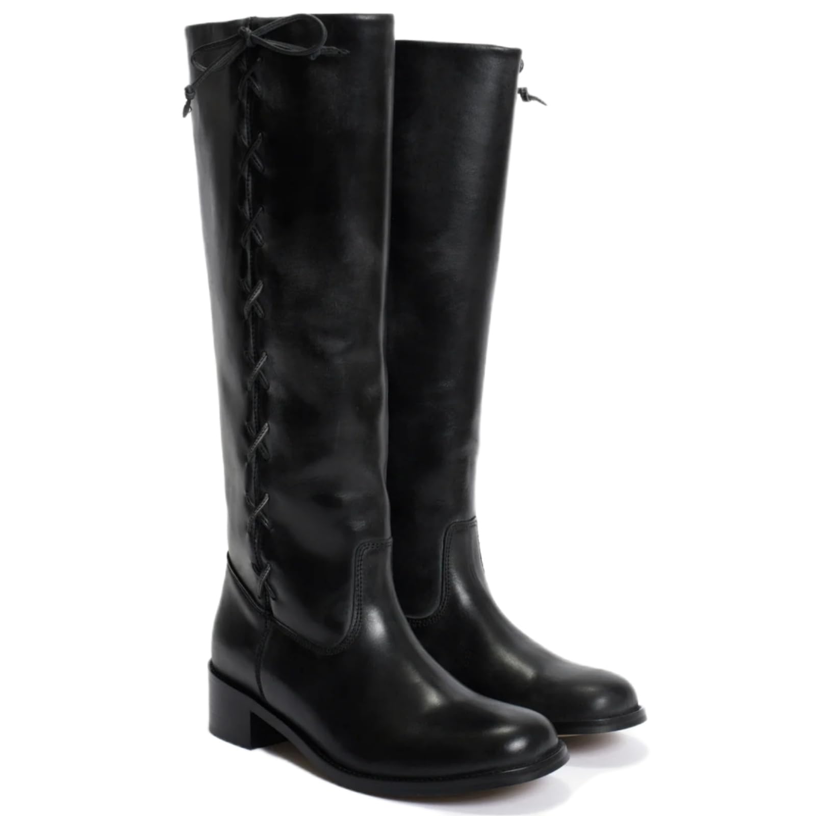 Women Wide Calf Knee High Boots with Bow Round Toe Low Block Heel Tall Campus Boots Riding Long