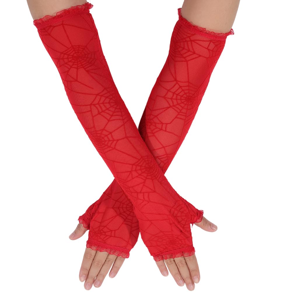 CABODYALS Red Mesh Gothic Fingerless Gloves Womens Spider Web Halloween Arm Sleeves Sheer Long Goth Punk Spiderweb Trendy Lace witch Ripped Arm Warmers for Women Costume Cosplay Party Accessories