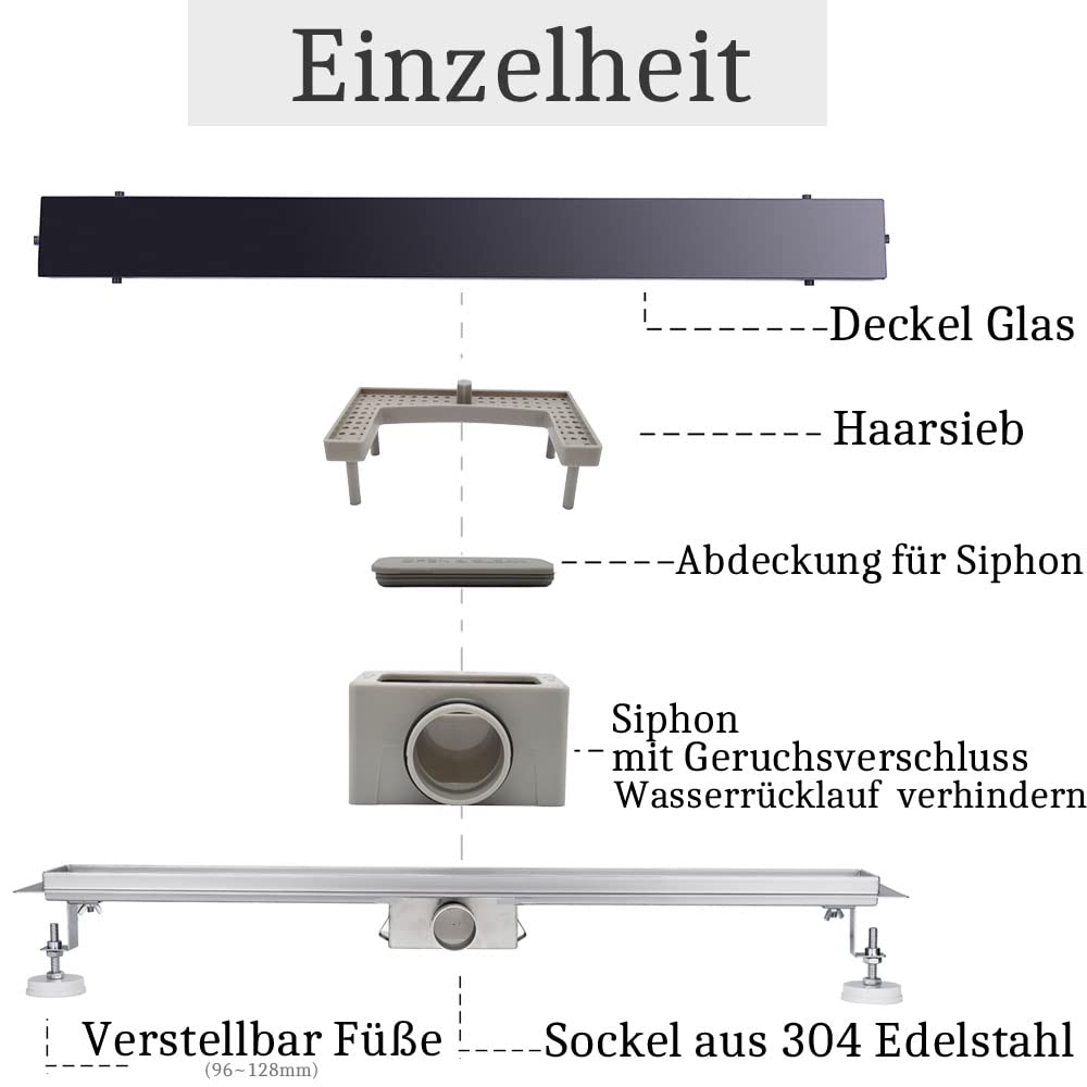 Finmrys Duschrinne 80cm Schwarz Glas,Siphon mit Geruchsstop und Haarsieb, Edelstahl Ablaufrinne, Bodenablauf, Duschablauf sehr flach, Komplettset mit Bodenbefestigung, für Badezimmer