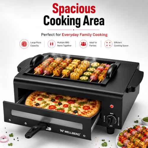 Image of Wellberg 2200W 3-in-1 Electric BBQ Grill & Tandoor Oven | 16 Inch Multipurpose Electric Tandoor | Stainless Steel Heating Element | Suitable for Pizza, Paneer Tikka, Naan, Roti & Roasting