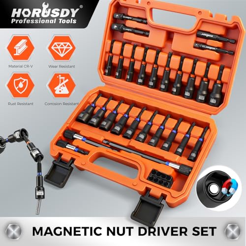 Image of 35 PCS Magnetic Nut Driver Set, Impact Drill Driver Bit 1 /4 inch Hex Shank, SAE & Metric Cr-V Steel Nut Drivers with Quick-Release Extensions, Impact Socket Adapters, Bit Holder, 8PCS S2 Bits, Toolbox