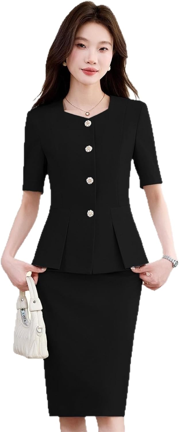 Short Sleeve Blazer and Pleated Skirt Set Women's Spring Summer Interview Suit