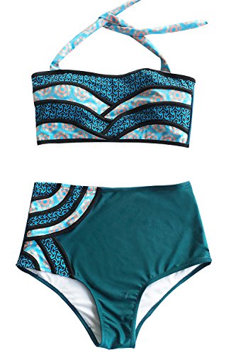 CUPSHE Women's Hot Seascape Painting Halter Bikini Set Beach Swimwear Bathing Suit Medium Indigo