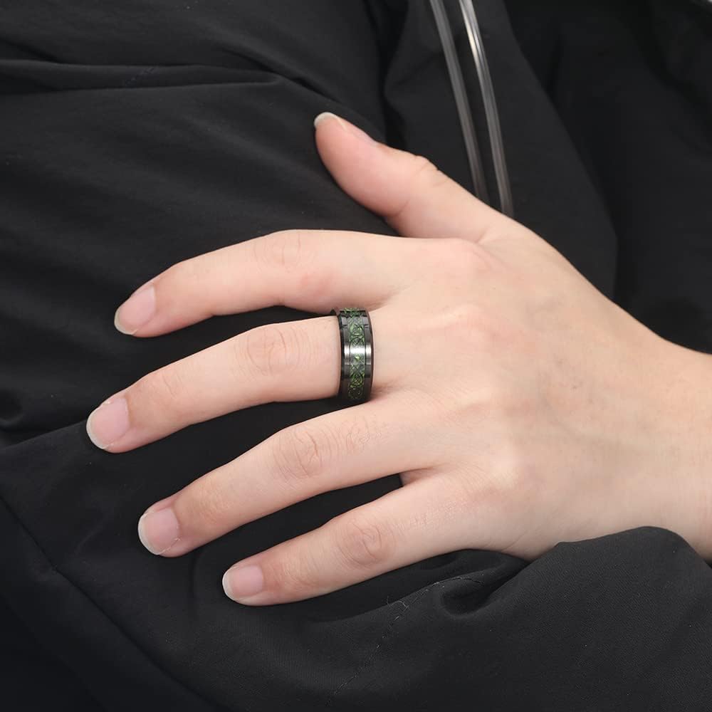TUNGSTORY 8mm Black Tungsten Rings for Men Celtic Dragon Wedding Ring with Blue/Green Carbon Fiber/Red Opal Paper Inlay Comfort Fit Size 5-14 - Image 4