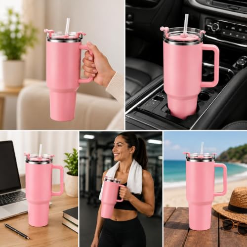 Image of 1800ML Large Plastic Tumbler with Handle & Straw | BPA-Free Reusable Water Bottle with Flip Lid | Leakproof Travel Mug for Gym, Office, College, Car, Outdoor & Daily Hydration Needs. (Pink)