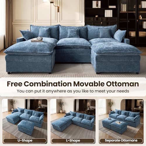 ovios 108" Cloud Couch Modular Sectional Sofas with 2 Ottomans, 5-Seater U-Shaped Sofa Comfy Chenille Deep Seat Couches with 5 Throw Pillows for Living Room, Light Blue - 2