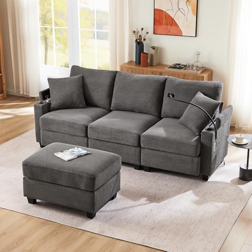 Arhatreya 3 Sitzer L-förmiges Sofa Gästesofa Modern Couch mit 2 Kissen, 3er Sitzsofa mit Getränkehalter Fußhocker und Getränkehalter, Ecksofa für Wohnzimmer, Schlafzimmer, Buros, Cordstoff, Grau