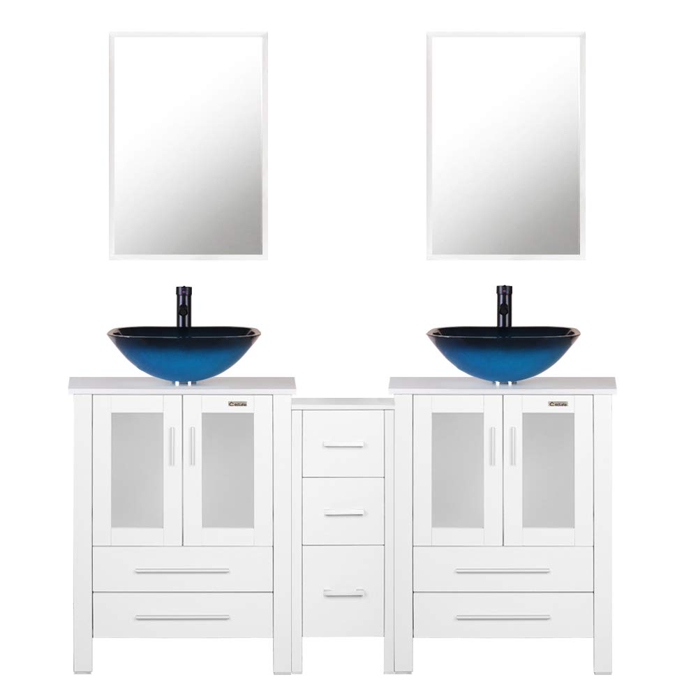 Buy 60" White Bathroom Vanity,Double Vanity,0.5" Tempered Glass Vessel
