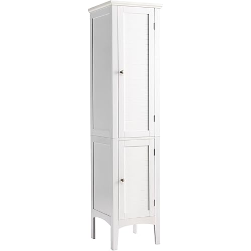 Tangkula Tall Bathroom Storage Cabinet, 5-Tier Wooden Freestanding Tower Cabinet, Narrow Storage Floor Cabinet w/ 2 Doors & Shelves for Bathroom Living Room Kitchen (White)