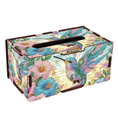 Image of DIY Hummingbird Diamond Painting Tissue Box, Colorful Floral Rhinestone Diamond Art Wooden Napkin Holder, Decorative Crystal Rhinestones Art Box for Home Organizer, 22.5x12.7x10.5cm