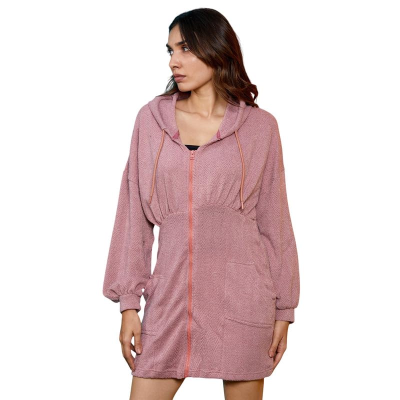 Image of PINACOLADA Women's Hoodie Dress for Casual Wear | Hooded Neck | Long Cuffed Sleeves | Zipper Closure | Sweatshirt Crafted with Comfort Fit for Everyday Wear | Rouge Pink