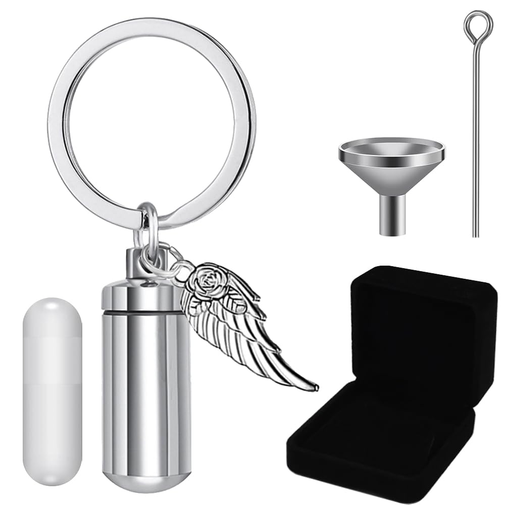 Mini Urn Keychain Cylinder Memorial Ashes Holder Stainless Steel Angel Wing with Rose Keepsake Urn Key Chain Memorial Cremation Keyring Cremation Jewelry for Human Pet Ashes